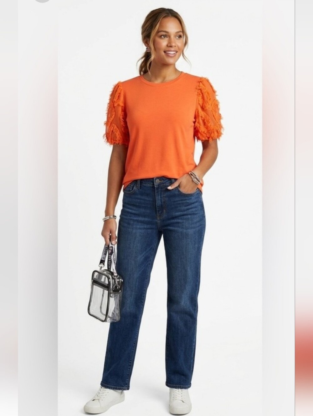 CATO Orange Textured Eyelash Fringe Puff Sleeve Top XS PTP 16-17"